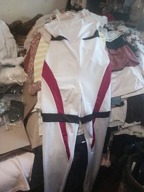 White and Burgundy Colorblock Jumpsuit with Black Trim